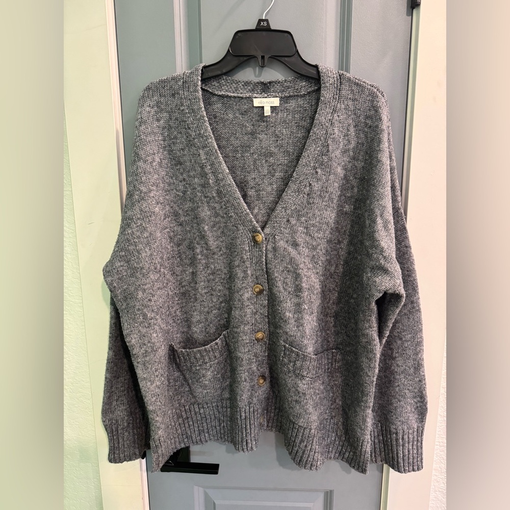 Ella Moss Large Gray Button Front Patch Pocket Boyfriend Fit Cardigan